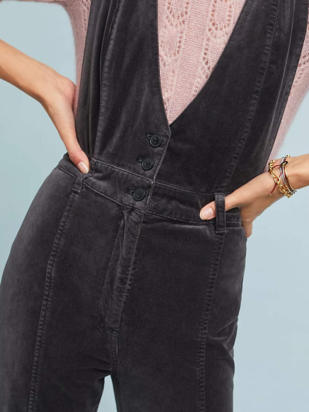 NWT Anthropologie Pilcro Velvet Overalls Black Corduroy Deep-V Jumpsuit Sz 6